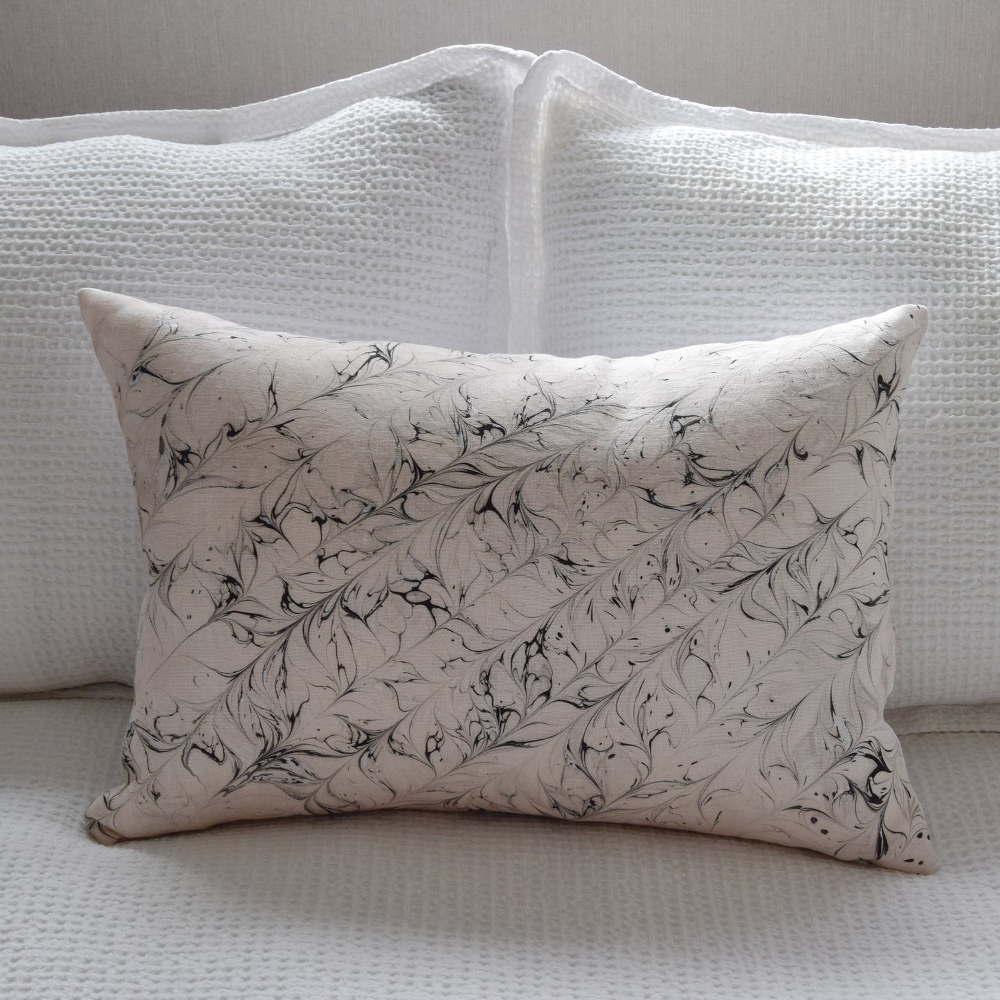 Hand-Marbled Linen Cushion - Blush with Black Accents