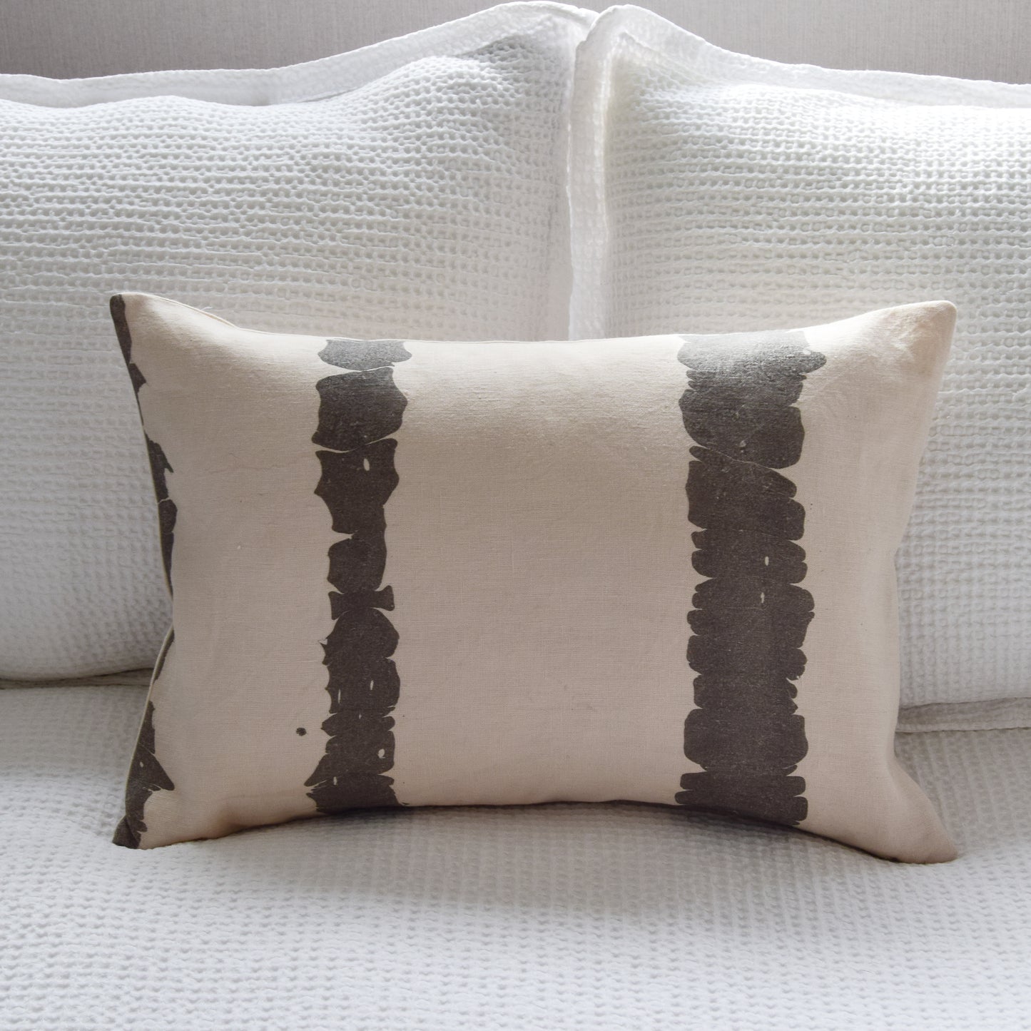 Hand-Marbled Linen Cushion - Beige with Black Stripe