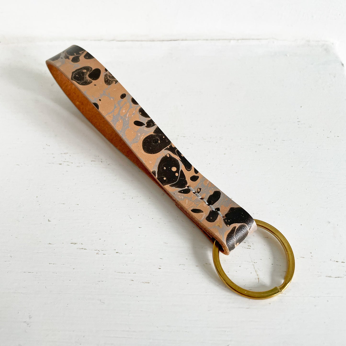 Marbled Leather Key Fob - Black & Dusty Blue Stone, Gold Accents