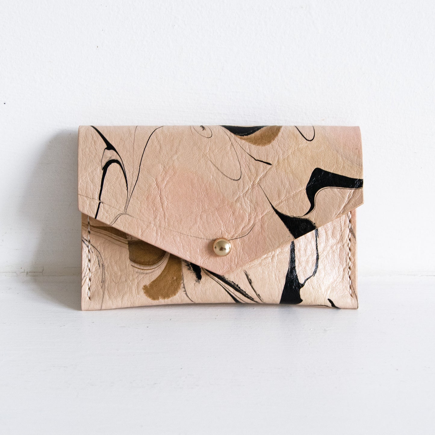 Marbled Leather Card Holder - Black, Brown & Soft Pink
