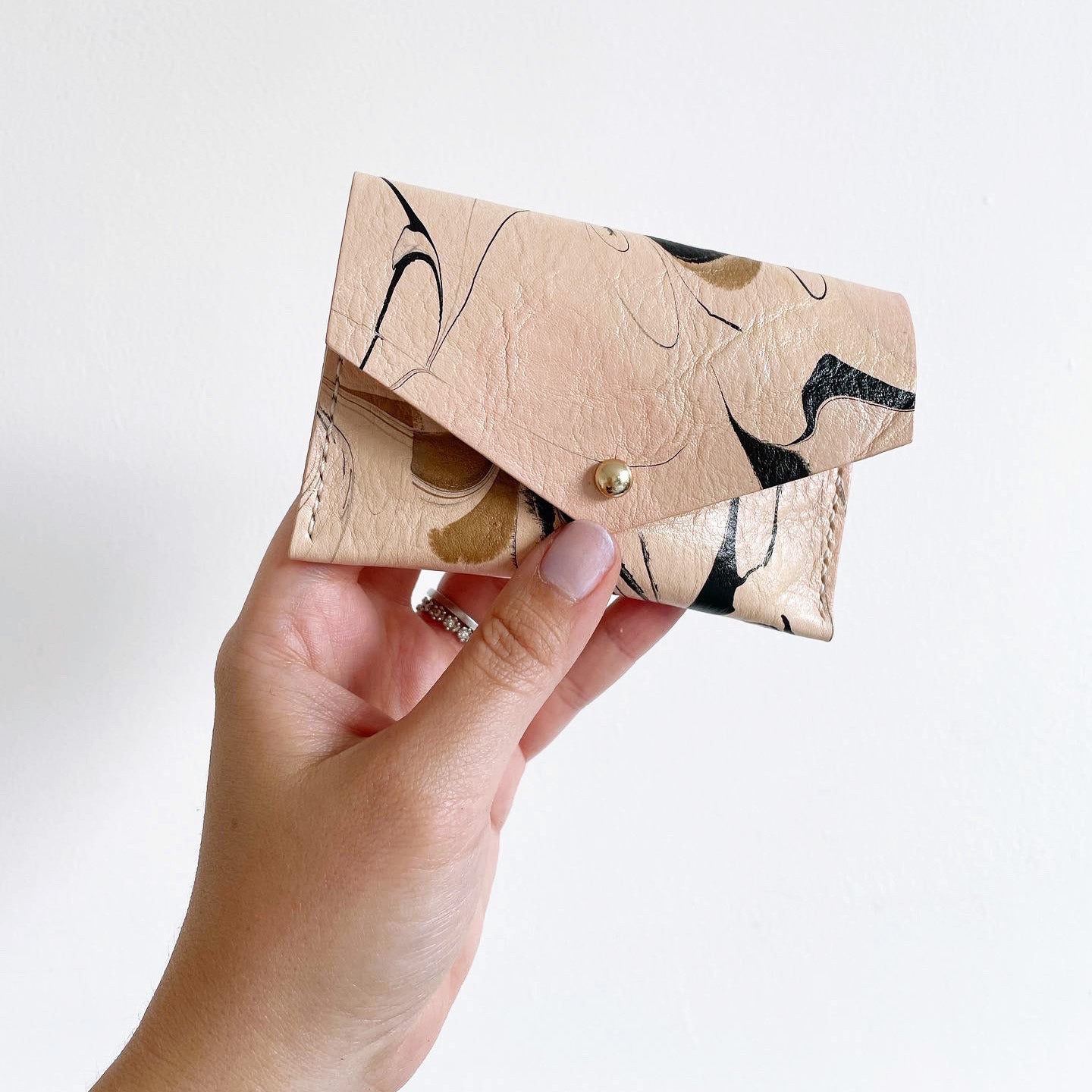 Marbled Leather Card Holder - Black, Brown & Soft Pink