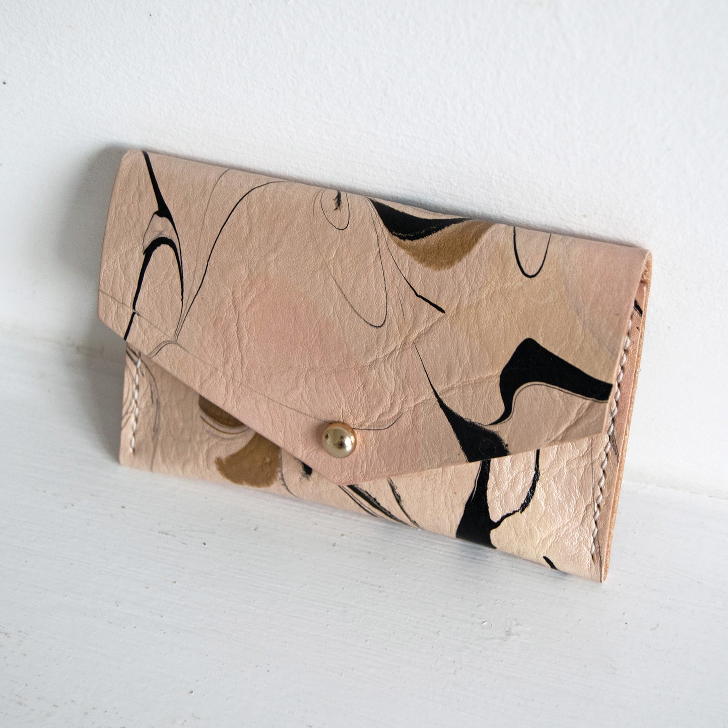 Marbled Leather Card Holder - Black, Brown & Soft Pink