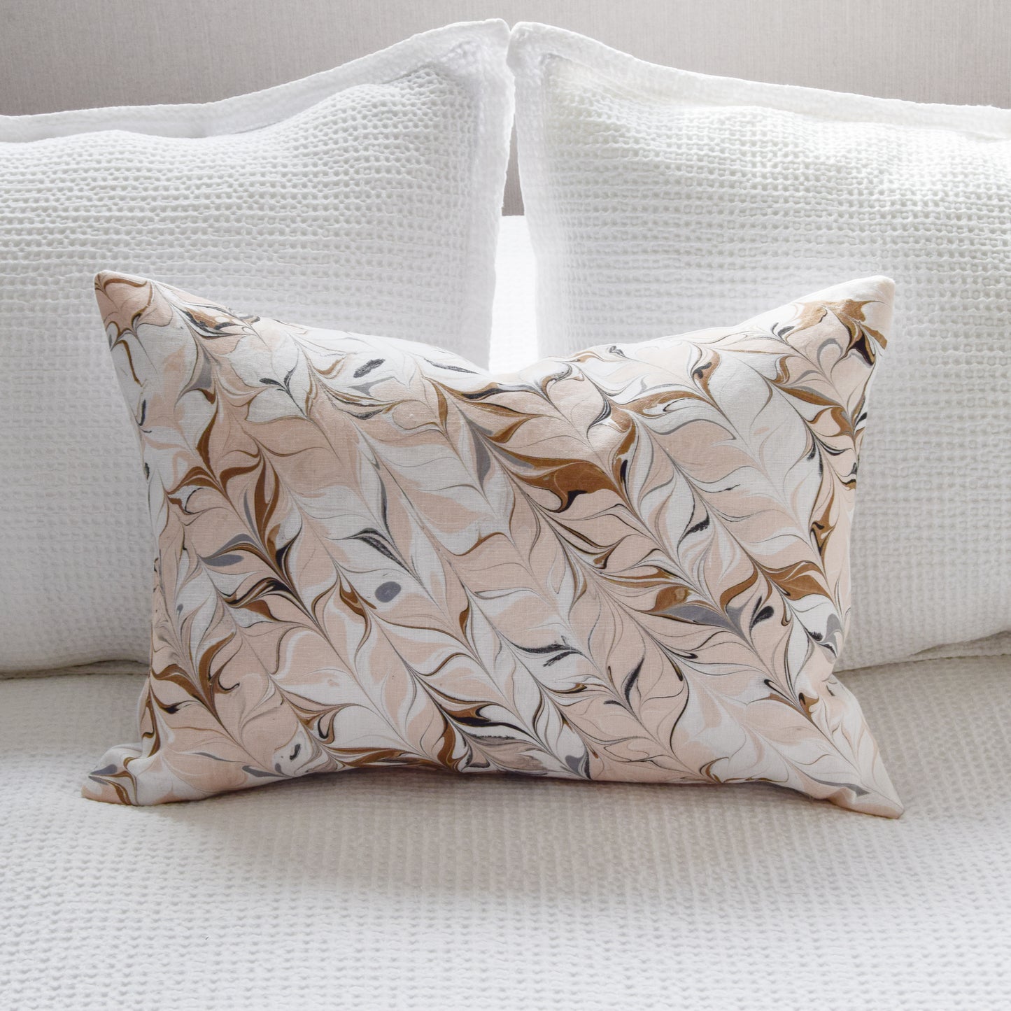 Hand-Marbled Linen Cushion - Blush, Brown, Dusty Blue