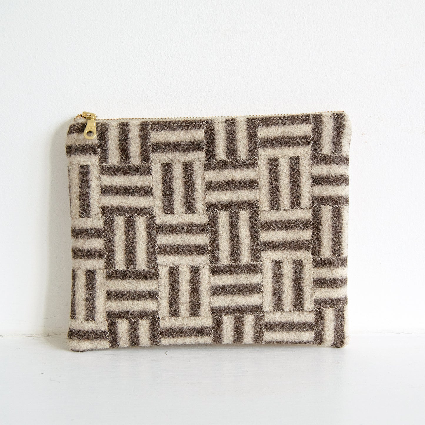 Checkered Wool Zip Pouch - Brown