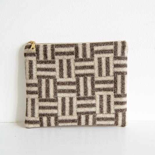 Checkered Wool Zip Pouch - Brown