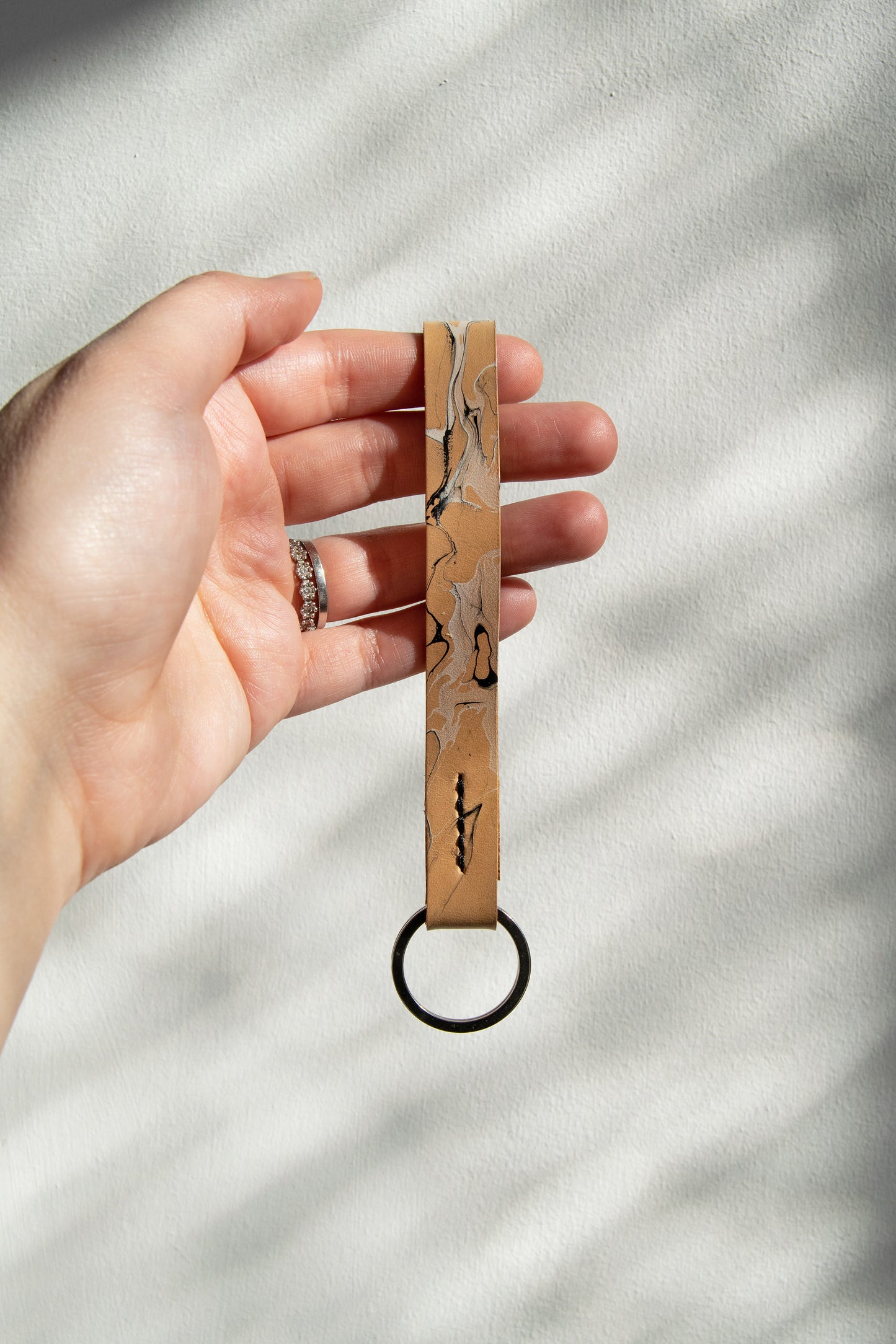 Marbled Leather Key Fob - Black & White, Black Stitch