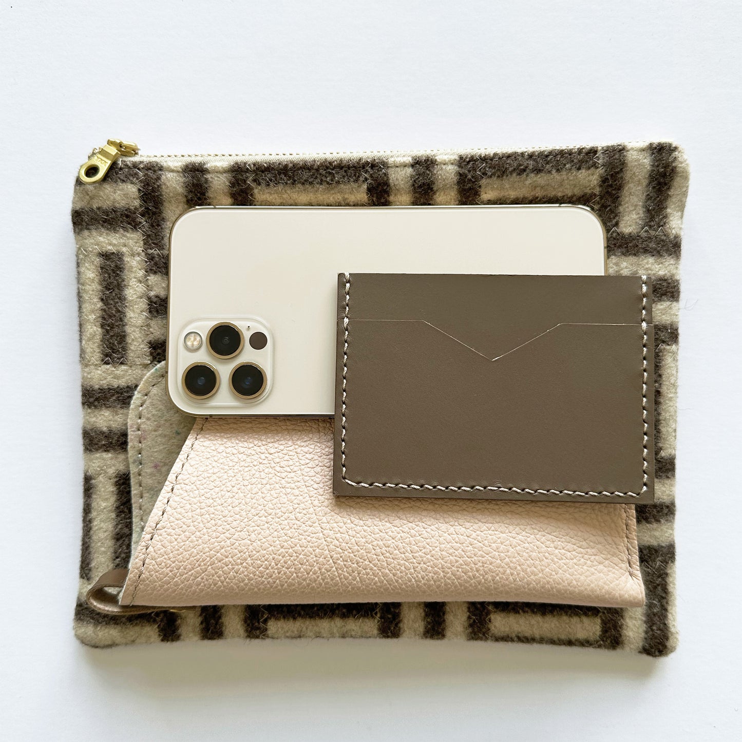 Checkered Wool Zip Pouch - Brown