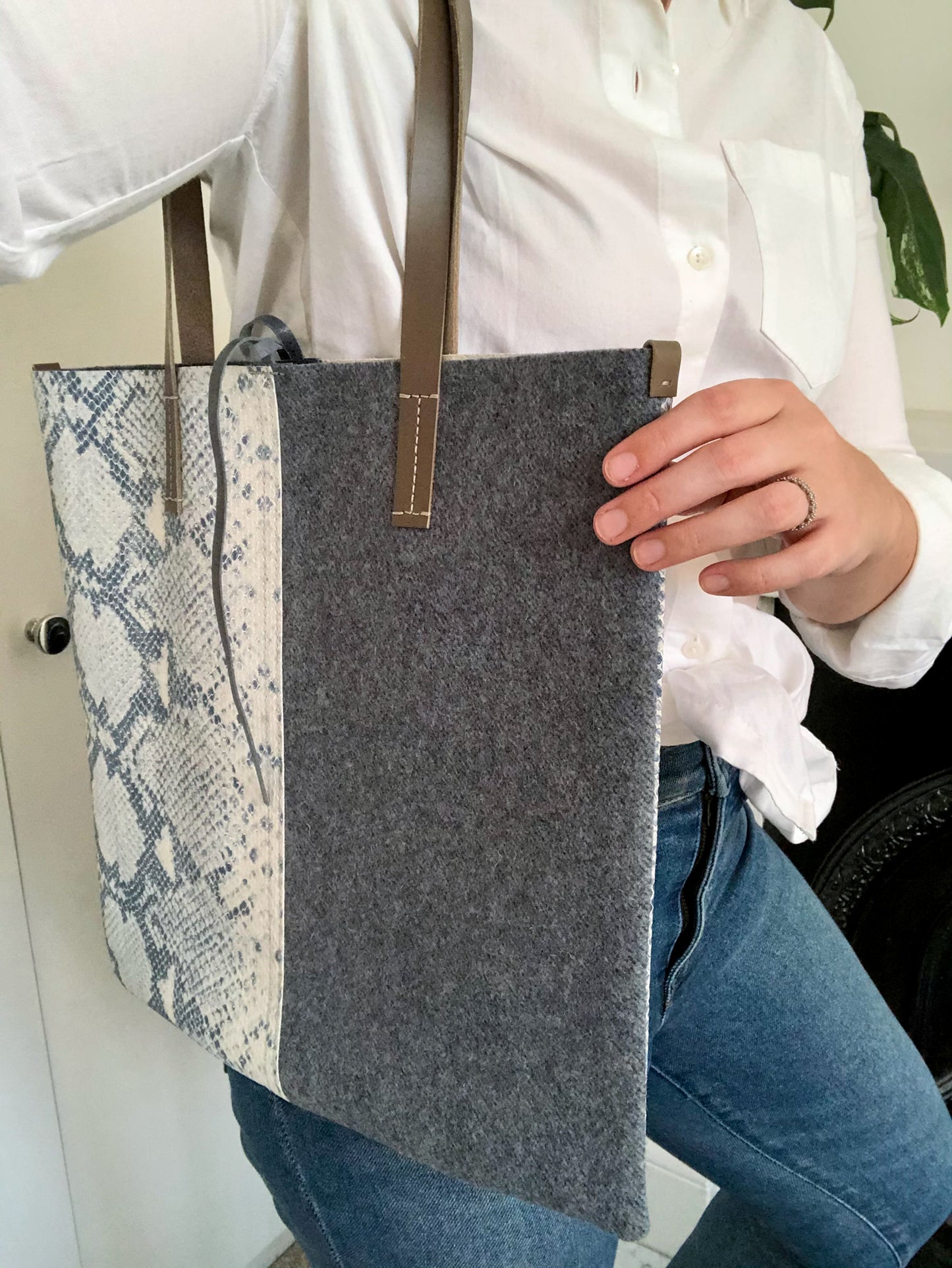 One-of-a-Kind Snake Print Leather & Wool Bag