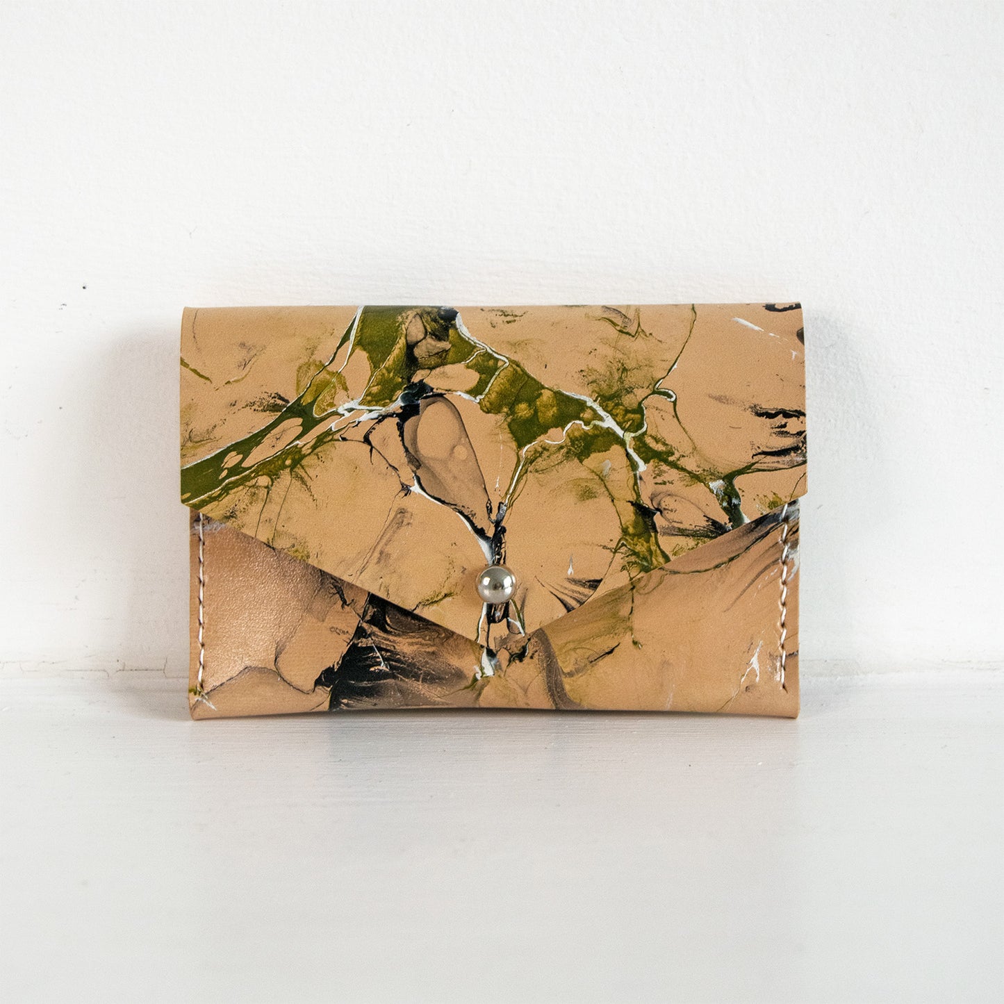 Hand-Marbled Leather Card Holder - Olive Green, Black & White