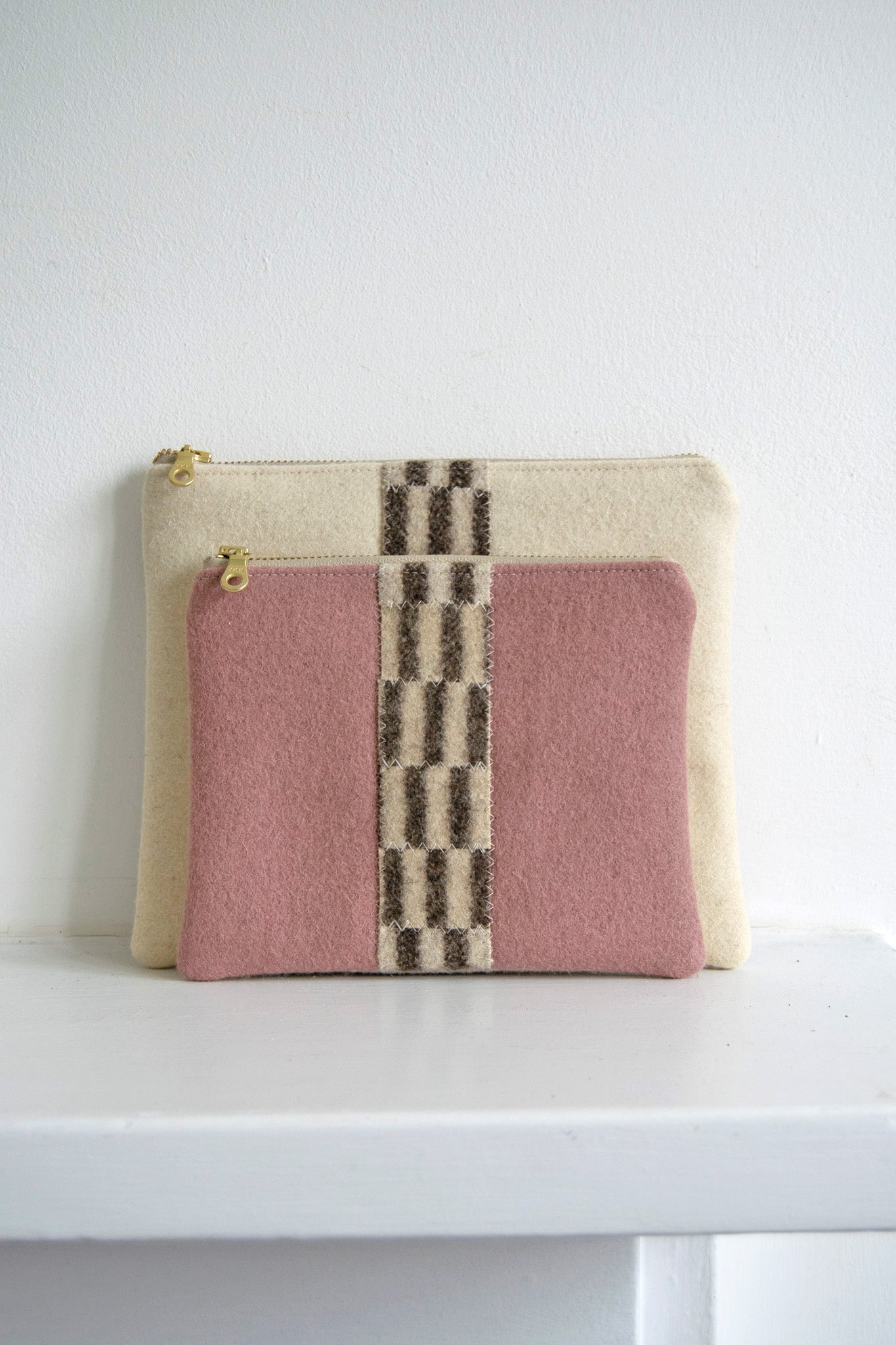 One of a Kind Small Wool Zip Pouch - Dusty Rose & Brown Stripe