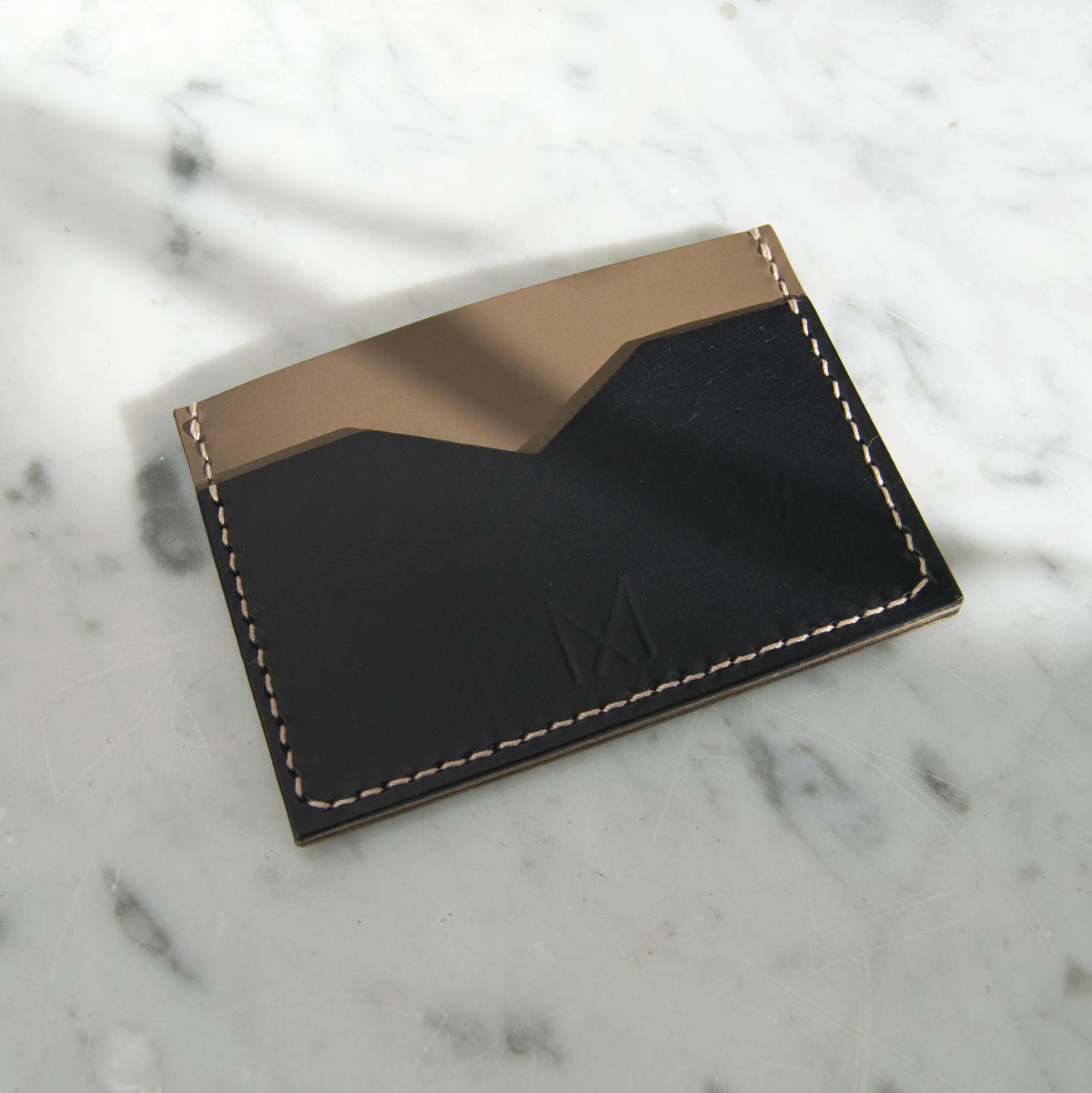 Slim Leather Card Holder in Black & Taupe