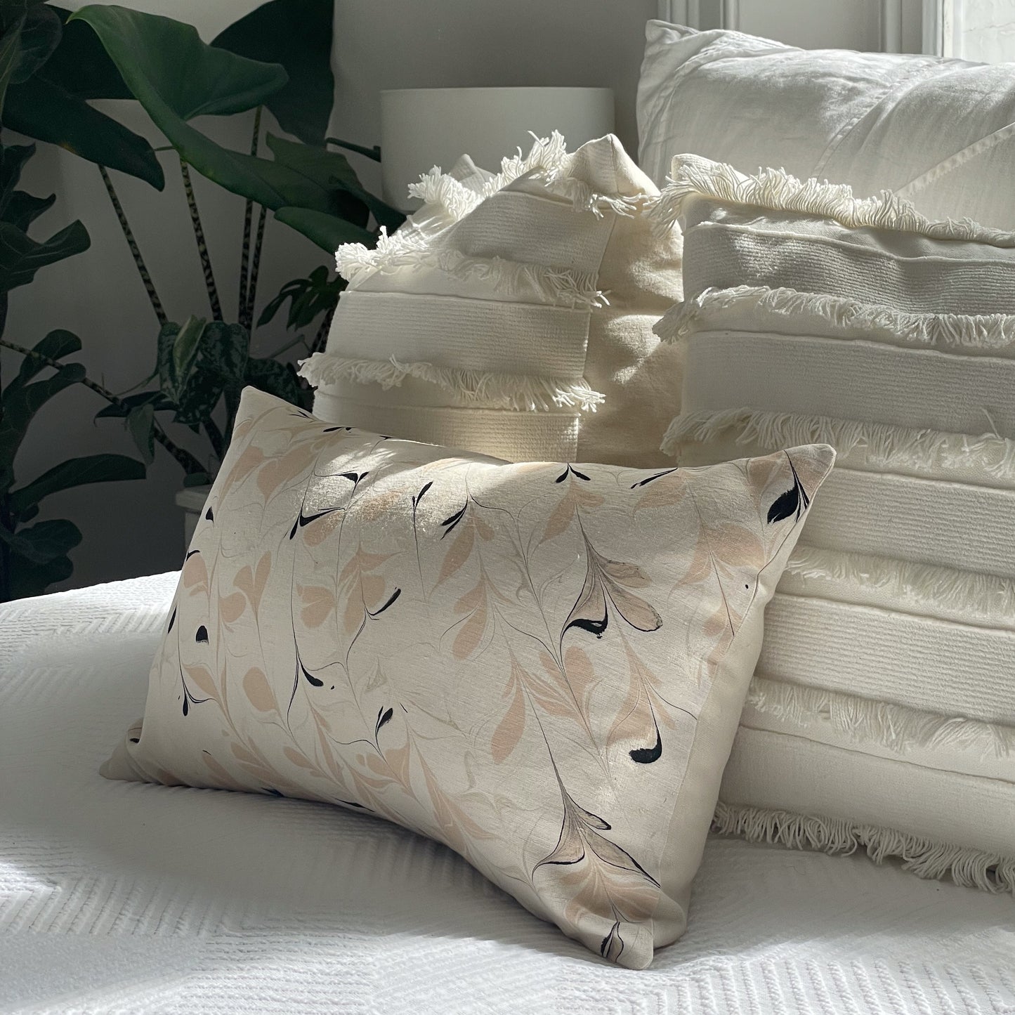 Hand-Marbled Cushion with Insert | Blush Vines
