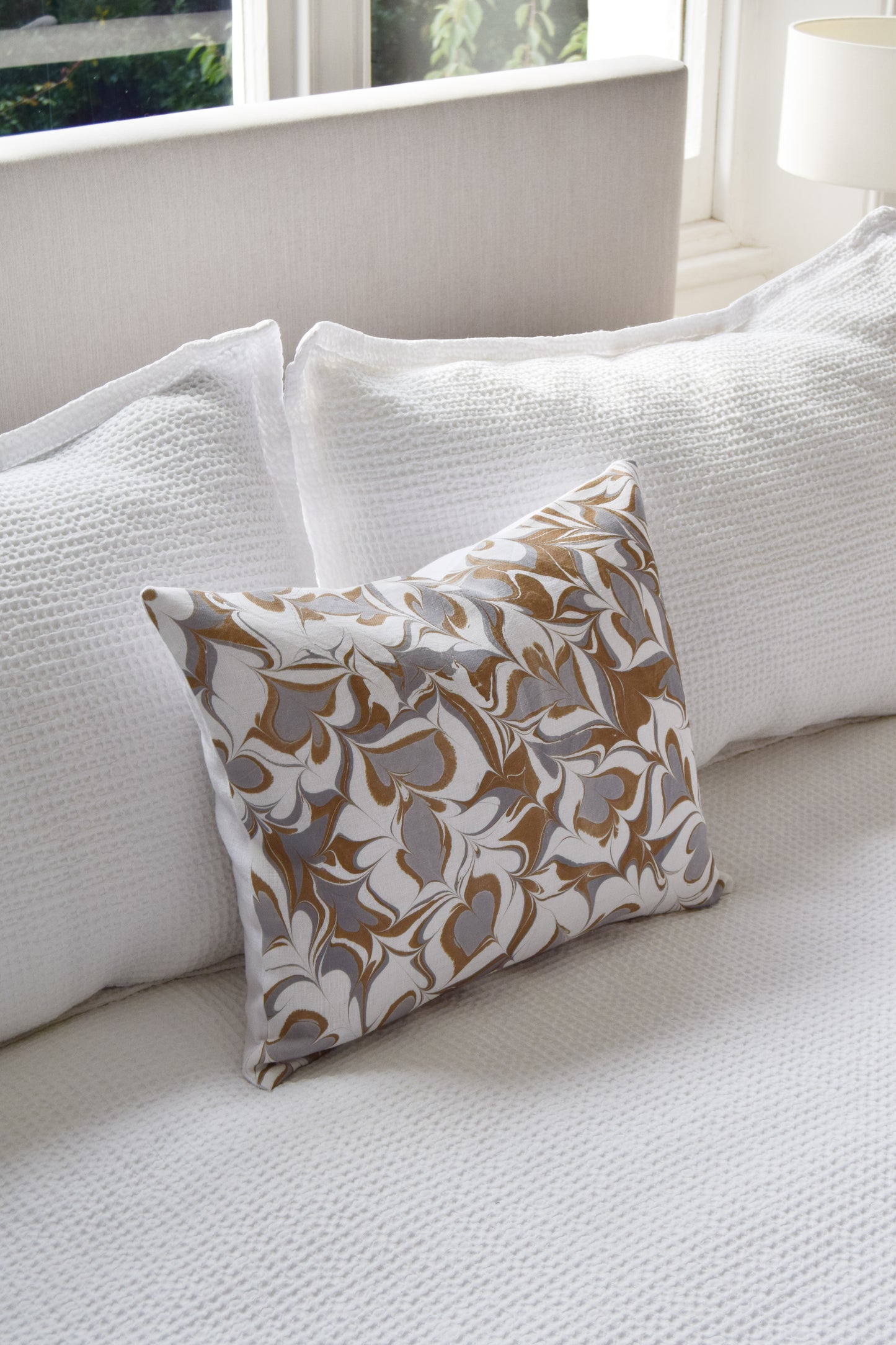 Hand-Marbled Cushion with Insert | Dusty Blue and Brown