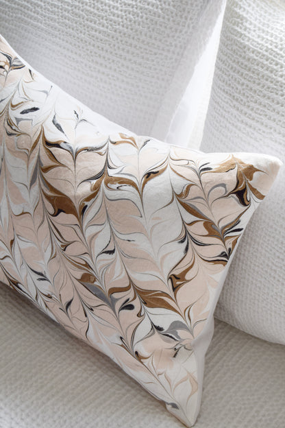 Hand-Marbled Linen Cushion - Blush, Brown, Dusty Blue