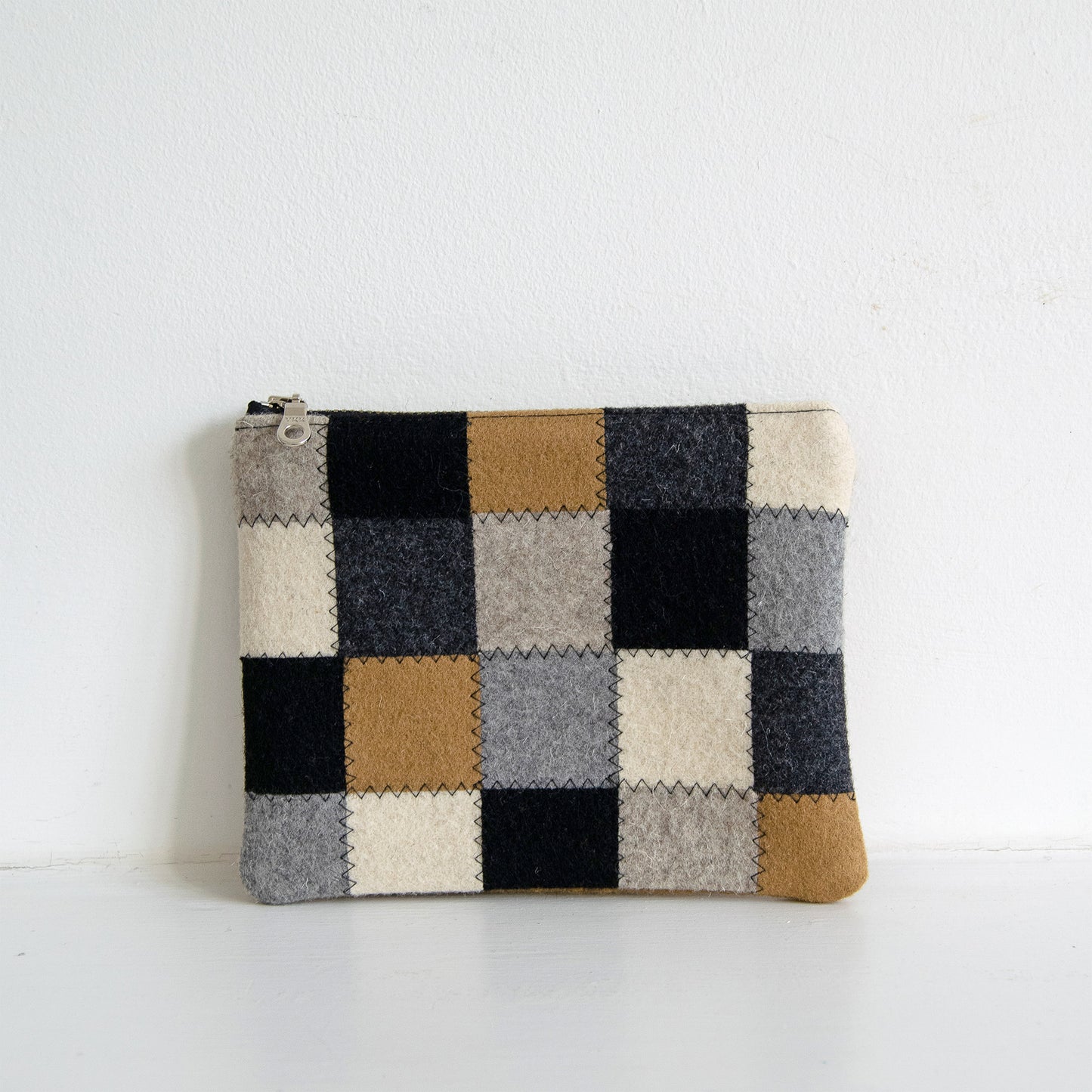 Small Checkered Wool Zip Pouch - Neutrals