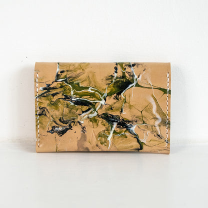 Marbled Leather Card Holder - Olive Green, Black & White