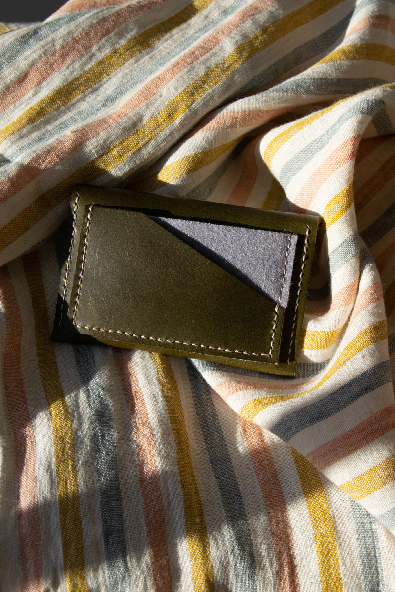 Geometric Leather Card Holder in Olive Green