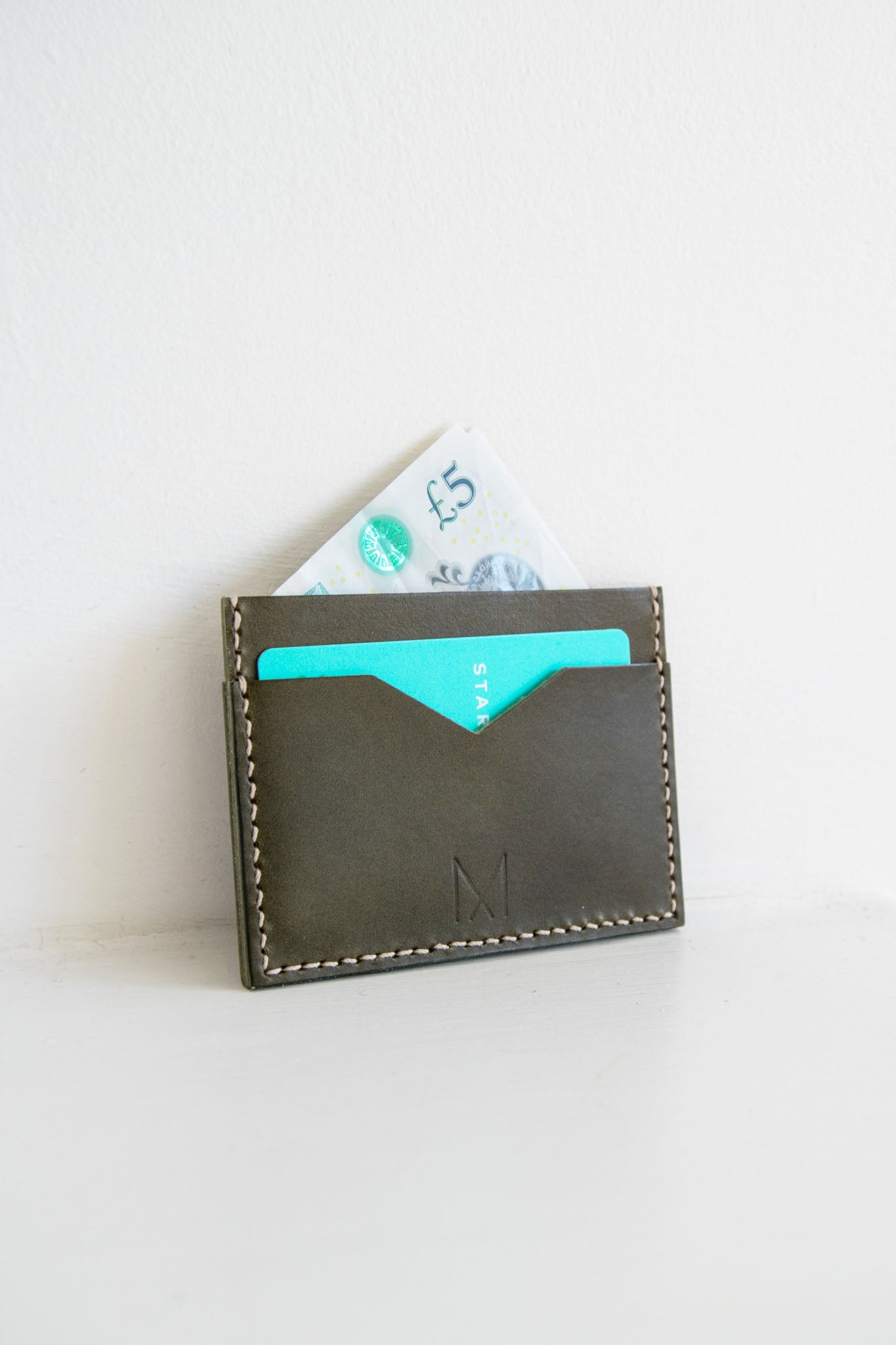Slim Leather Card Holder in Olive Green