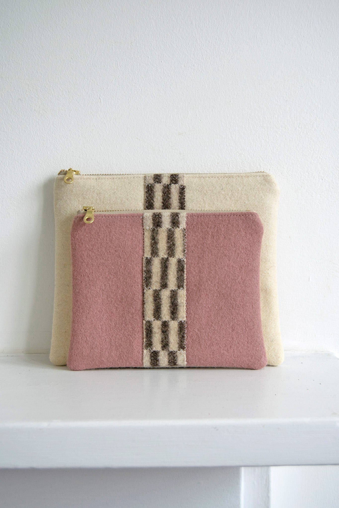 One of a Kind Wool Zip Pouch - Ivory & Brown Stripe