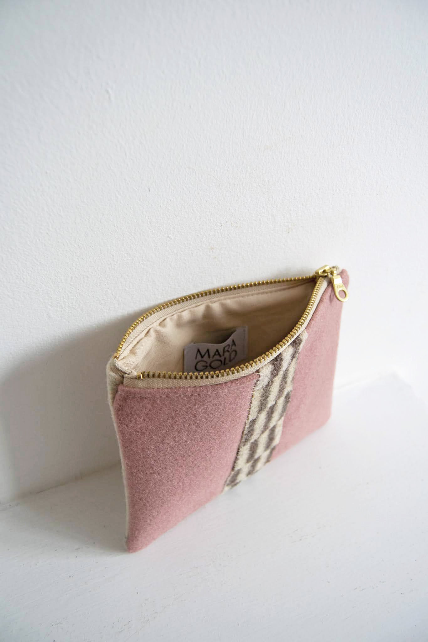 One of a Kind Small Wool Zip Pouch - Dusty Rose & Brown Stripe