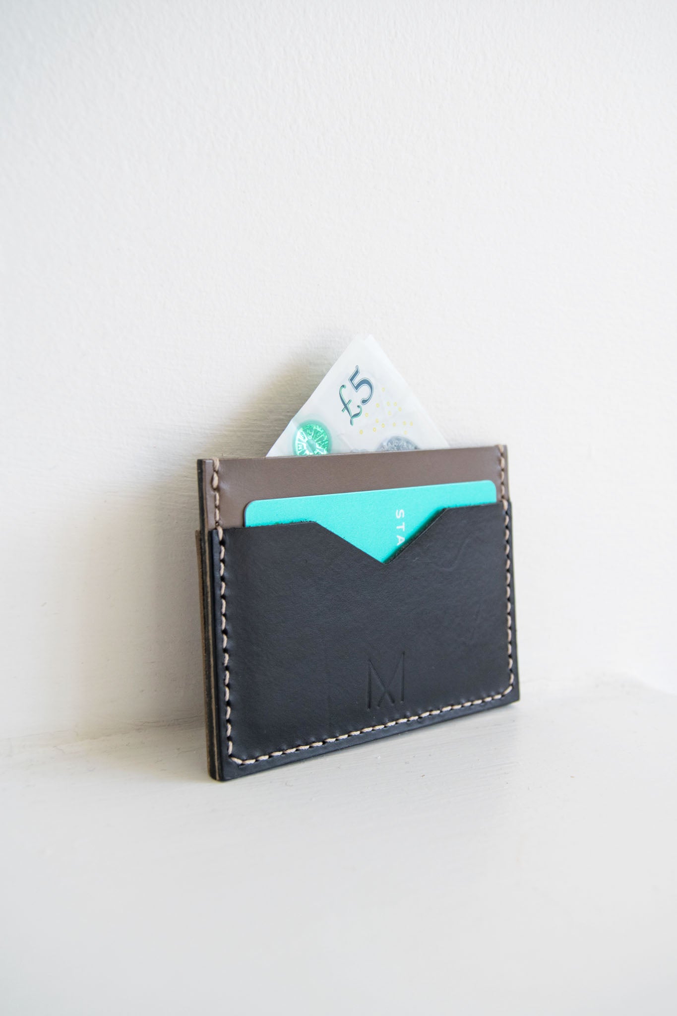 Slim Leather Card Holder in Black & Taupe